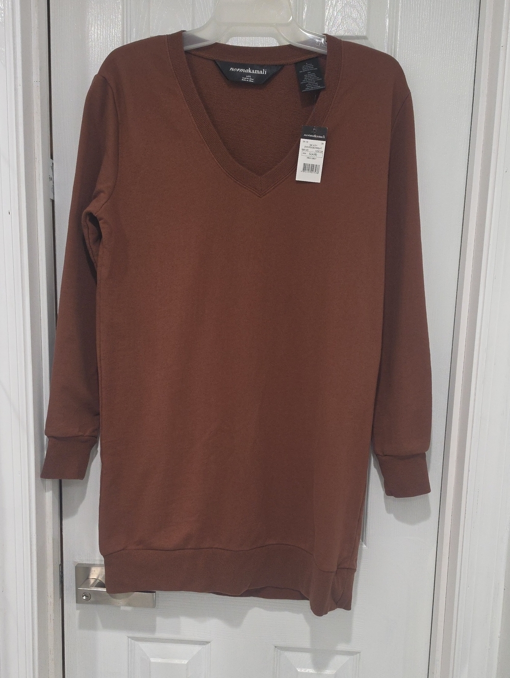 Norma Kamali V-Neck Long Sleeve Sweater Dress in Chestnut Brown